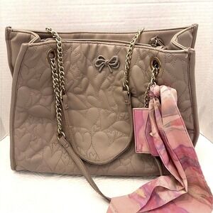 Betsey Johnson Taupe Quilted Heart Tote Shoulder Bag Scarf Charm Large